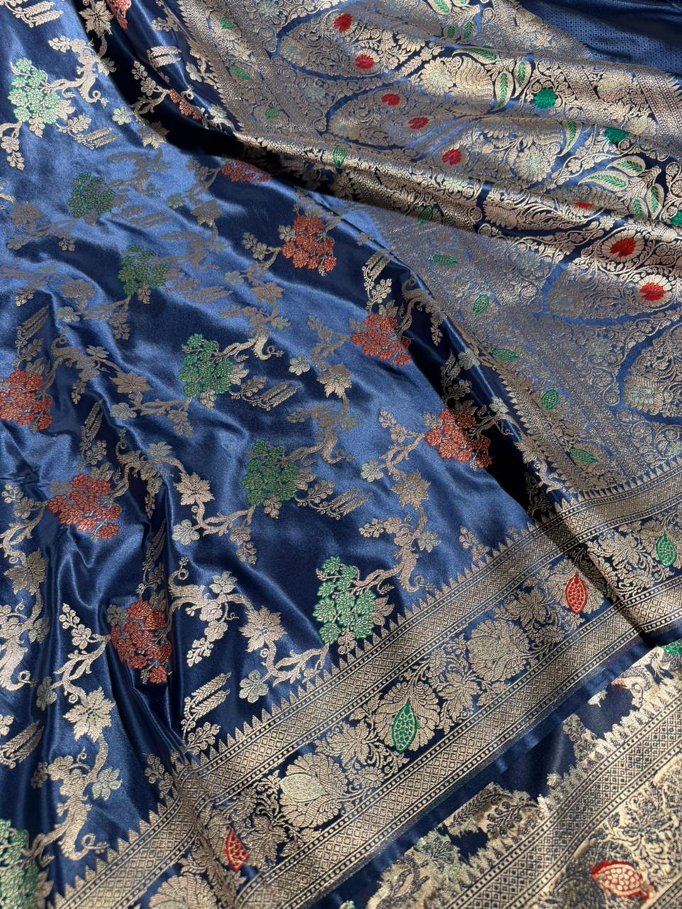 Navy Blue Mashru Katan Silk Intricate Meenakari Banarasi Saree