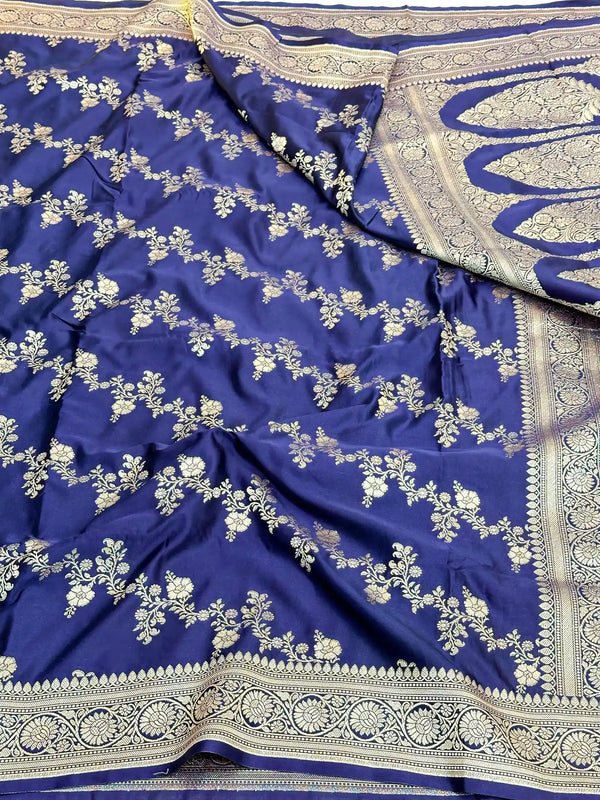 Navy Blue Mashru Katan Silk Leheriya Weave Banarasi Saree