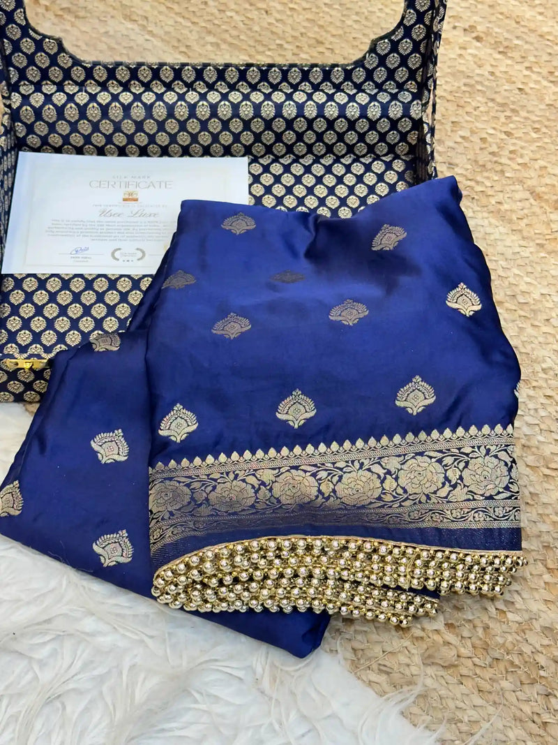 Navy Blue Mashru Silk Lace Work Saree