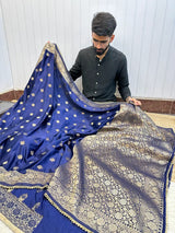 Navy Blue Mashru Silk Lace Work Saree