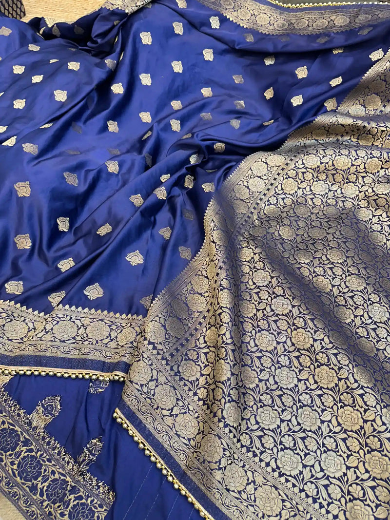 Navy Blue Mashru Silk Lace Work Saree