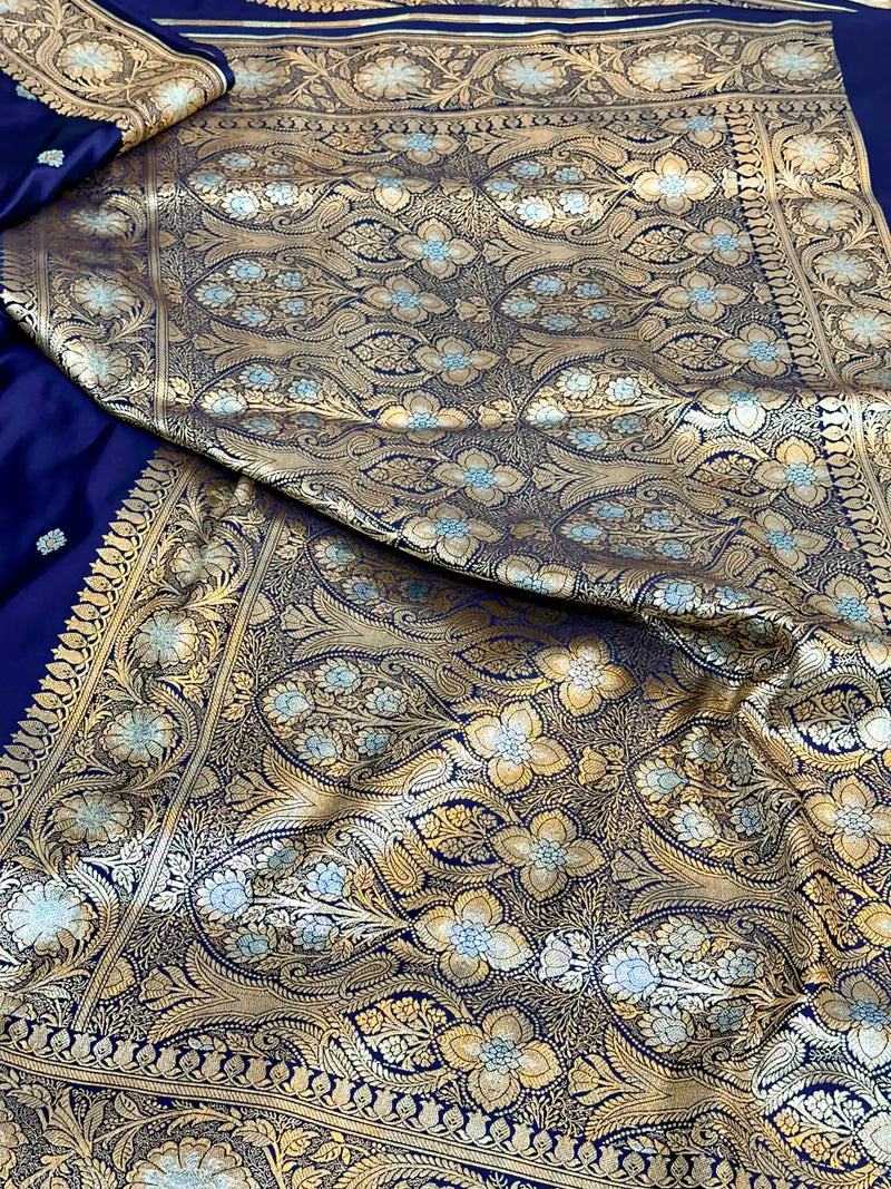 Navy Blue Premium Mashru Katan Banarasi Meenakari Saree