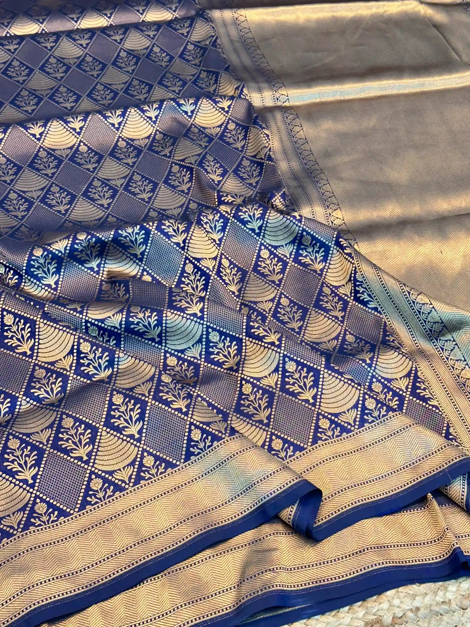 Navy Blue Pure Katan Silk Embossed Banarasi Saree