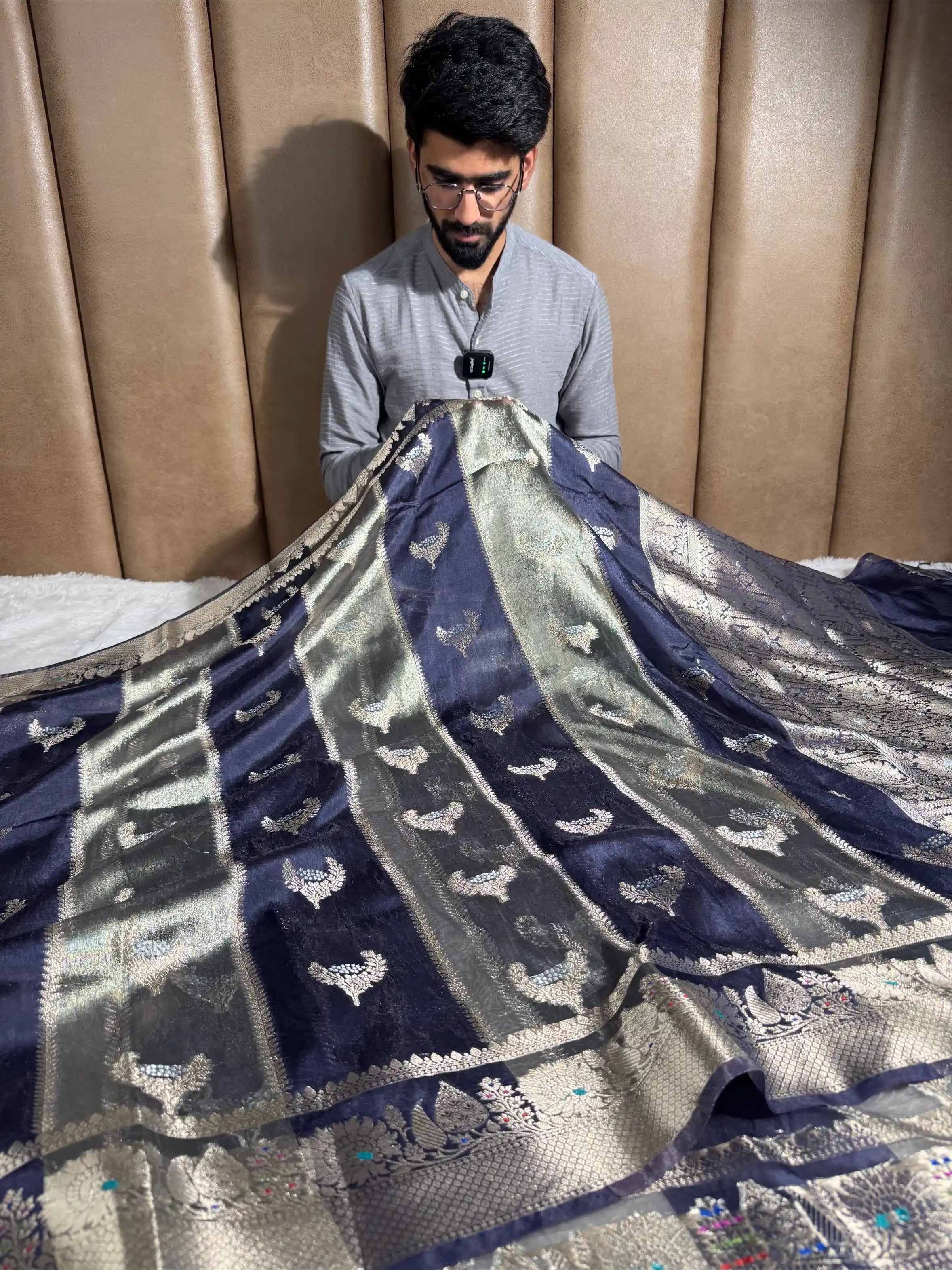 Navy Blue Rare Chinia Tissue Heritage Banarasi Saree