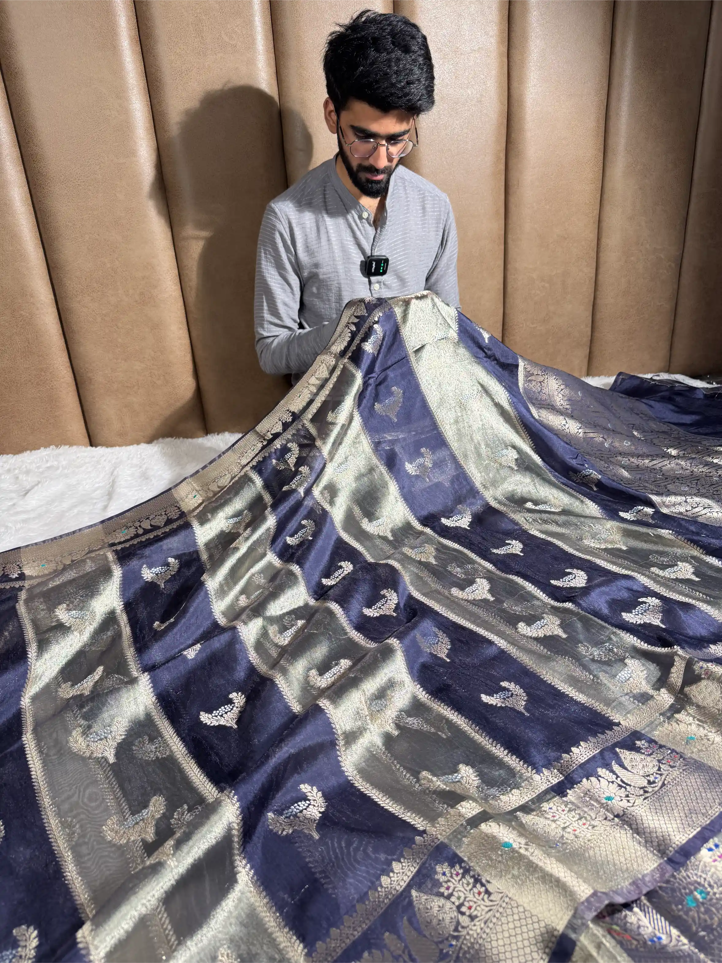 Navy Blue Rare Chinia Tissue Heritage Banarasi Saree