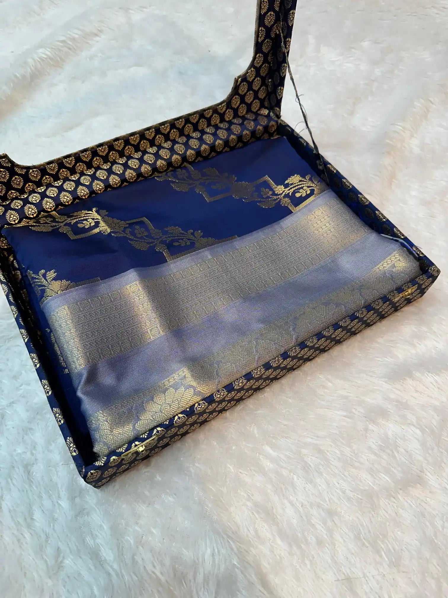 Navy Blue Semi Katan Silk Heritage Leheriya Design Banarasi Saree