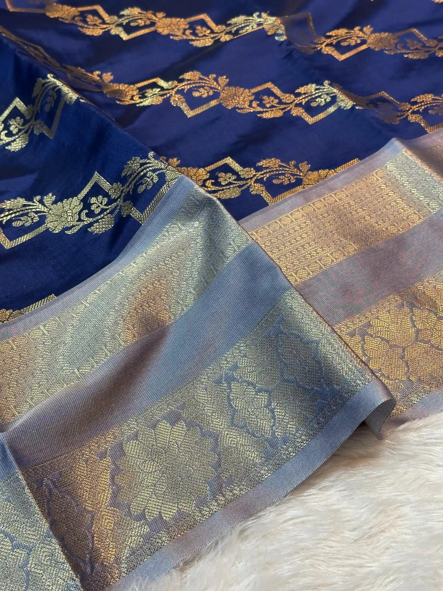 Navy Blue Semi Katan Silk Heritage Leheriya Design Banarasi Saree