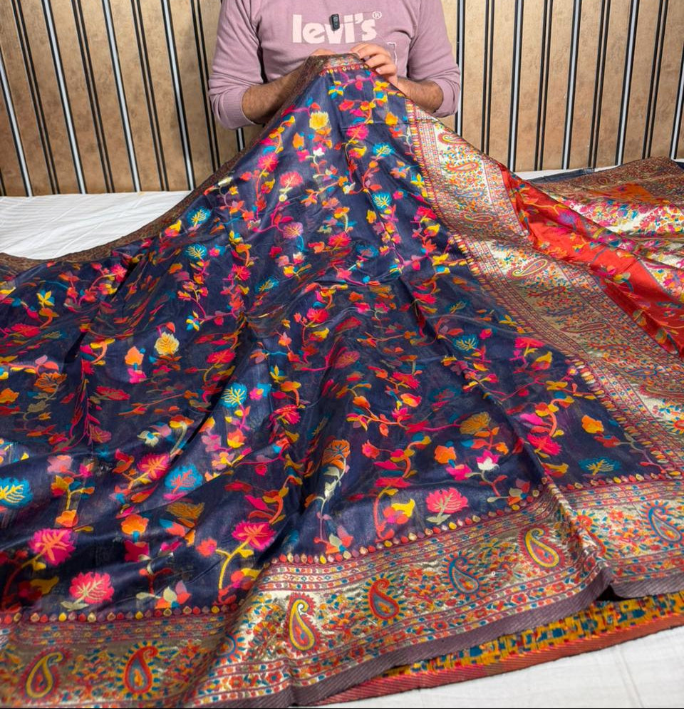 Navy Blue Soft Cotton Pashmina Tilfi Meenakari Banarasi Saree