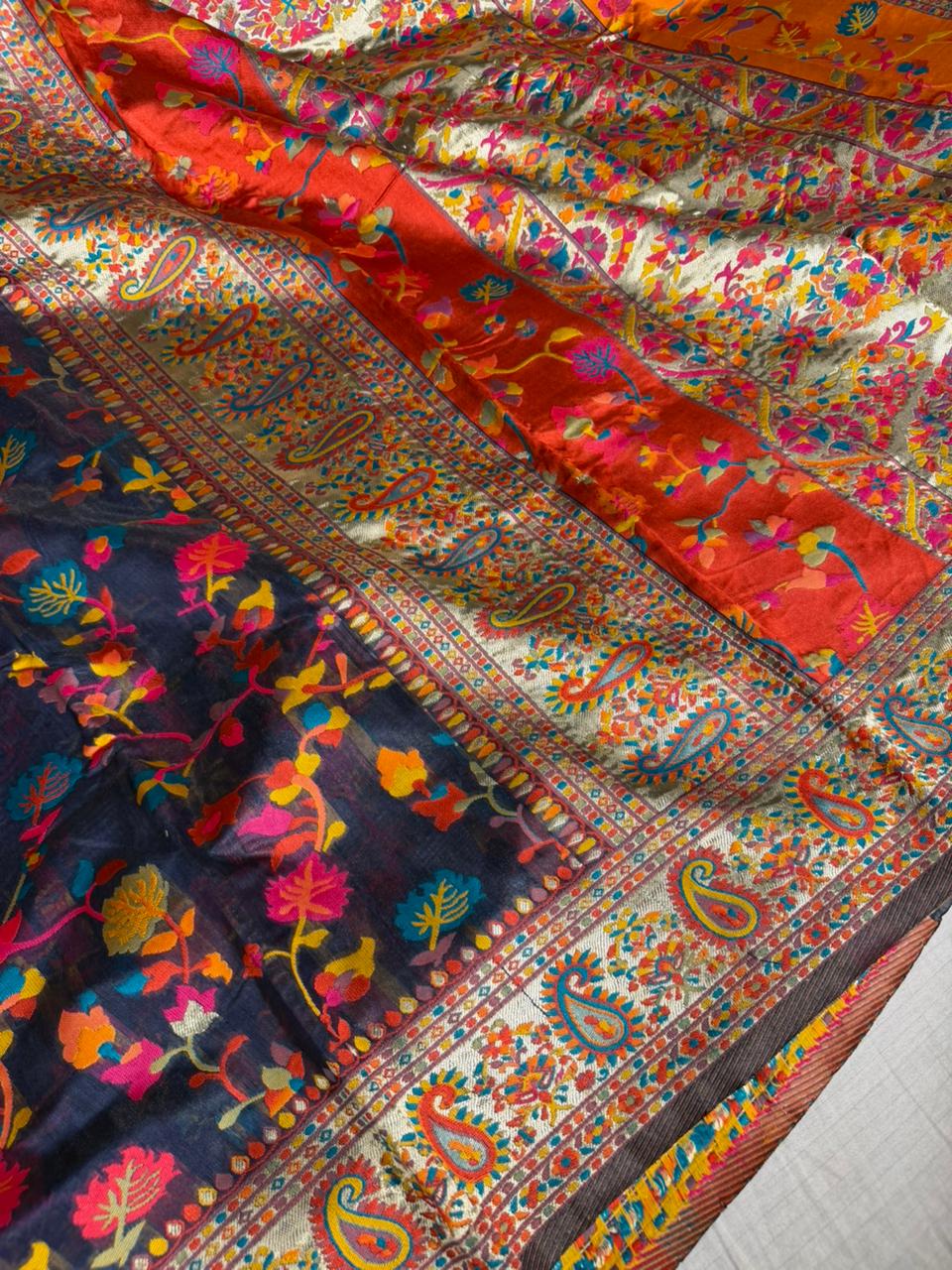 Navy Blue Soft Cotton Pashmina Tilfi Meenakari Banarasi Saree