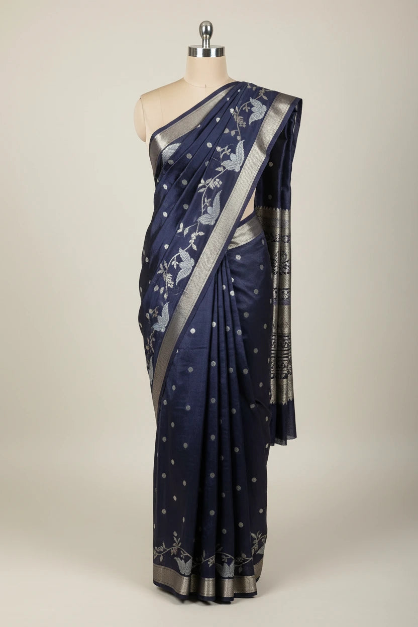 Navy Blue Warm Silk Contemporary Weave Banarasi Saree