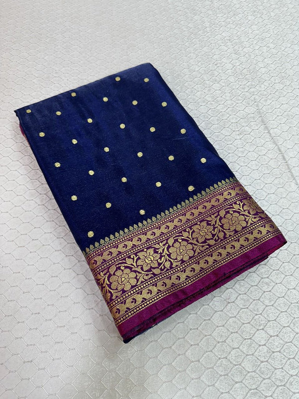 Navy Blue Colour Satin Silk Embroidered Saree