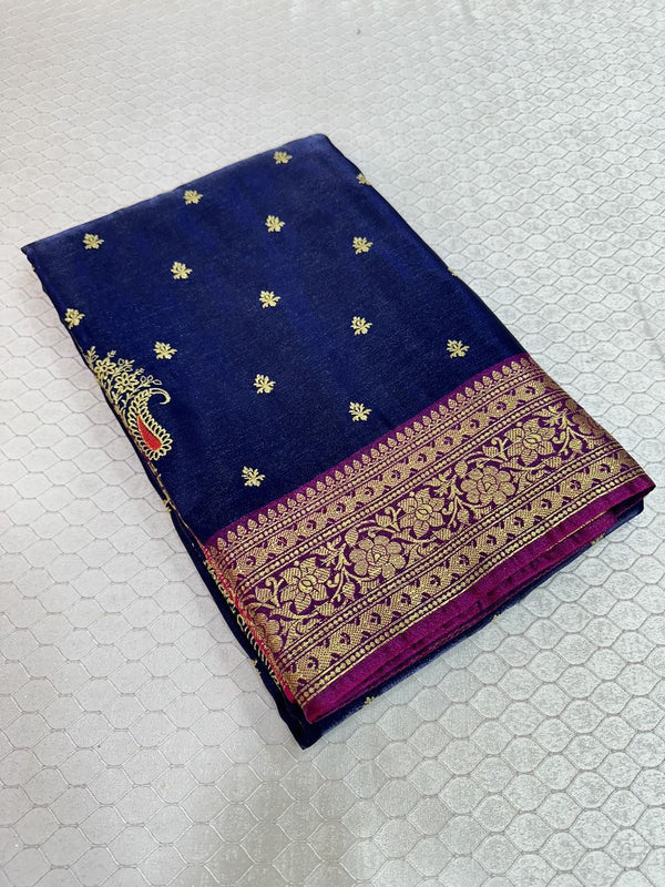 Navy Blue Colour Satin Silk Embroidered saree