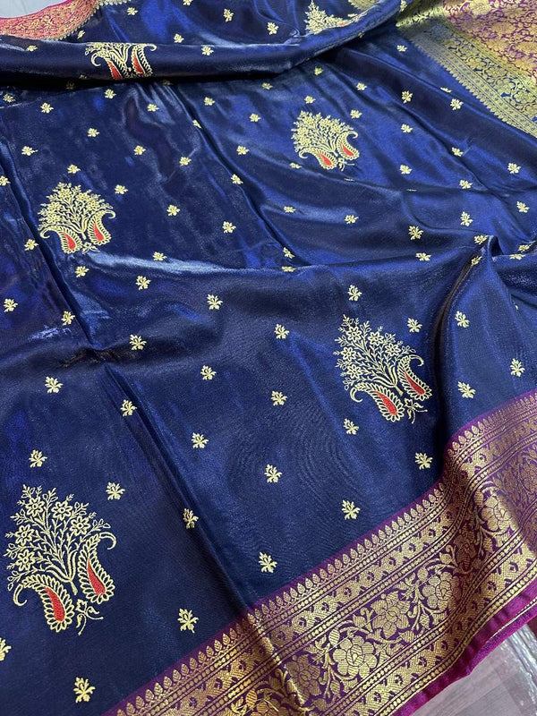 Navy Blue Colour Satin Silk Embroidered saree