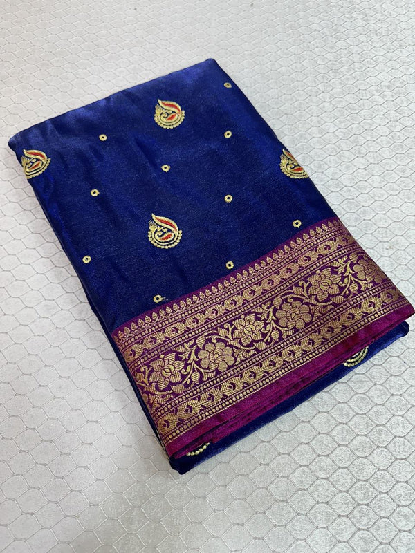 Navy Blue Satin Silk Embroidered Saree