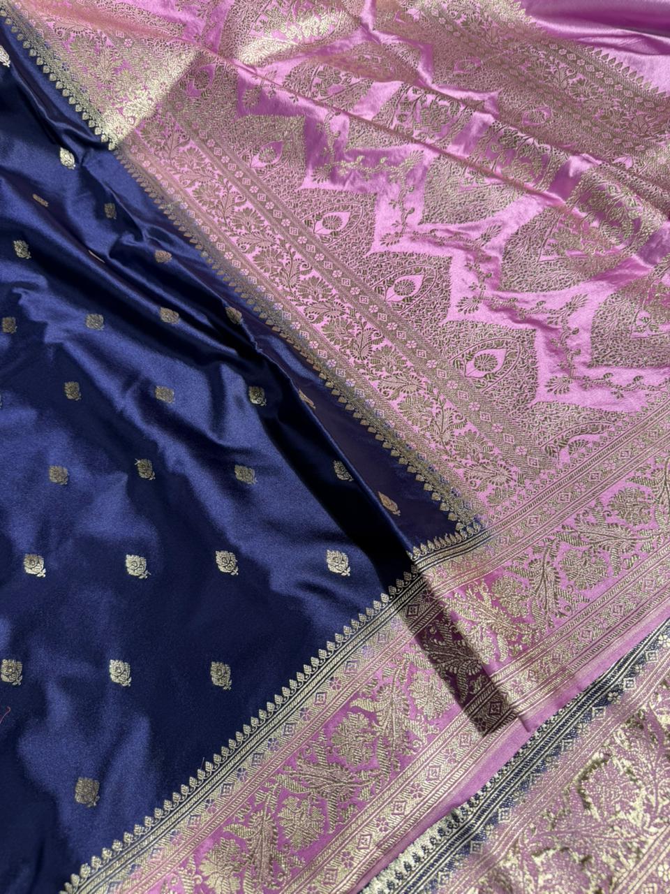 Navy blue pink traditional Mashru katan silk Banarasi