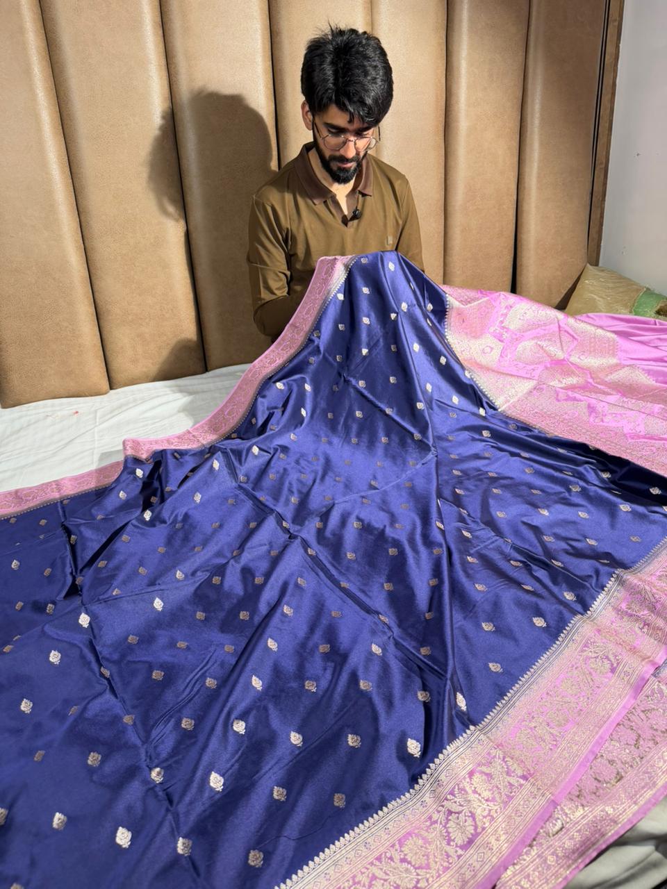 Navy blue pink traditional Mashru katan silk Banarasi