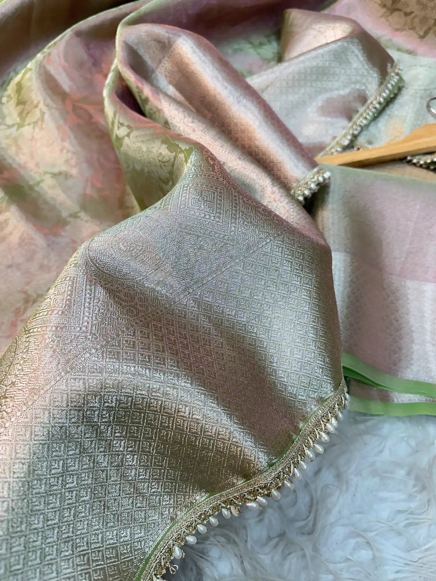 Neon Green Dual Shaded Glass Tissue Silk Designer Banarasi Saree with Premium Moti Lace Work