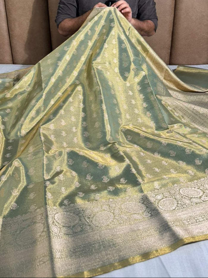 Never Seen Before Copper Tissue Silk Saree with Rich Pallu and Blouse