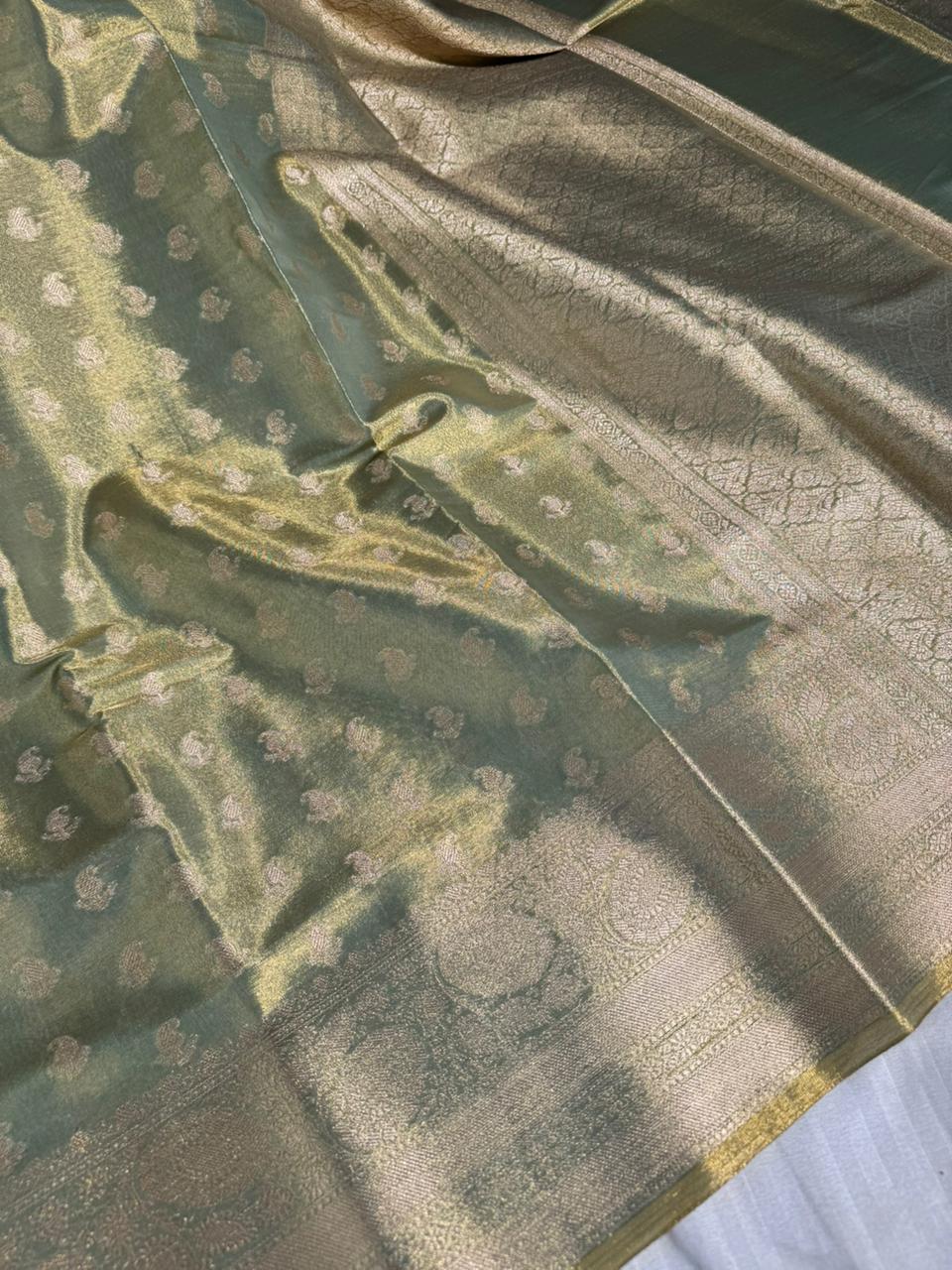 Never Seen Before Copper Tissue Silk Saree with Rich Pallu and Blouse