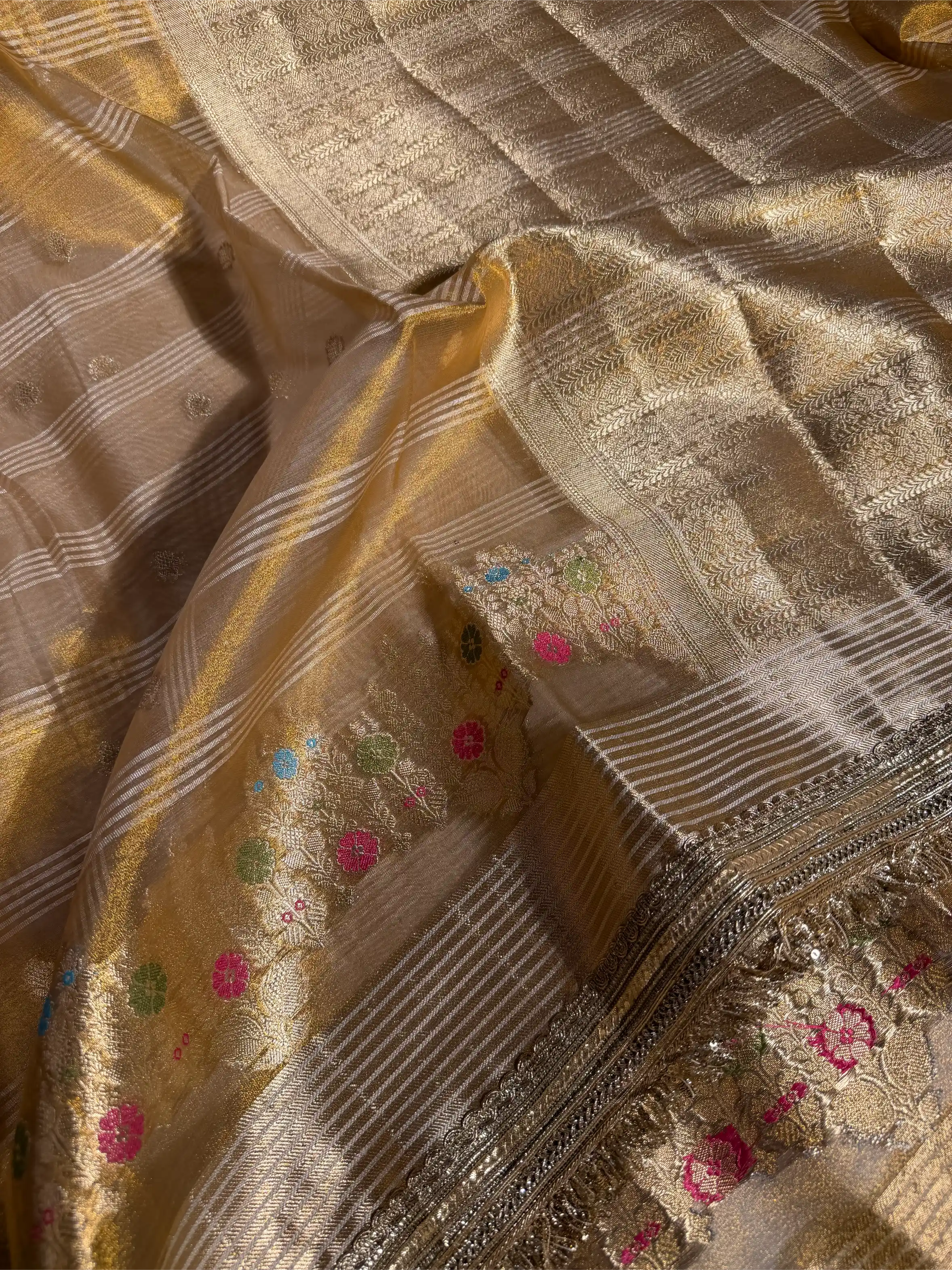 Never Seen Copper Tissue Silk Designer Lace Work Banarasi Saree
