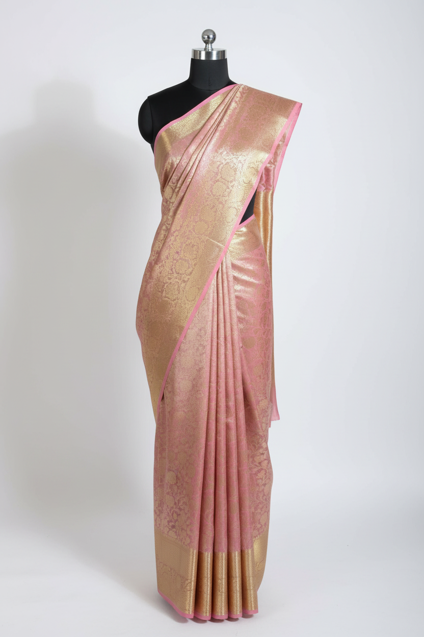Mauve Glass Tissue Silk Embossed Floral Weave Banarasi Saree