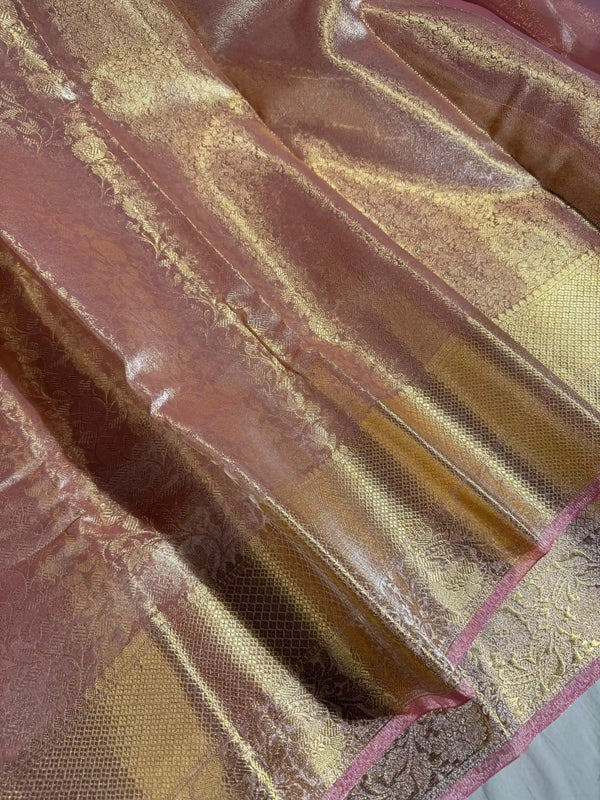 Mauve Glass Tissue Silk Embossed Floral Weave Banarasi Saree