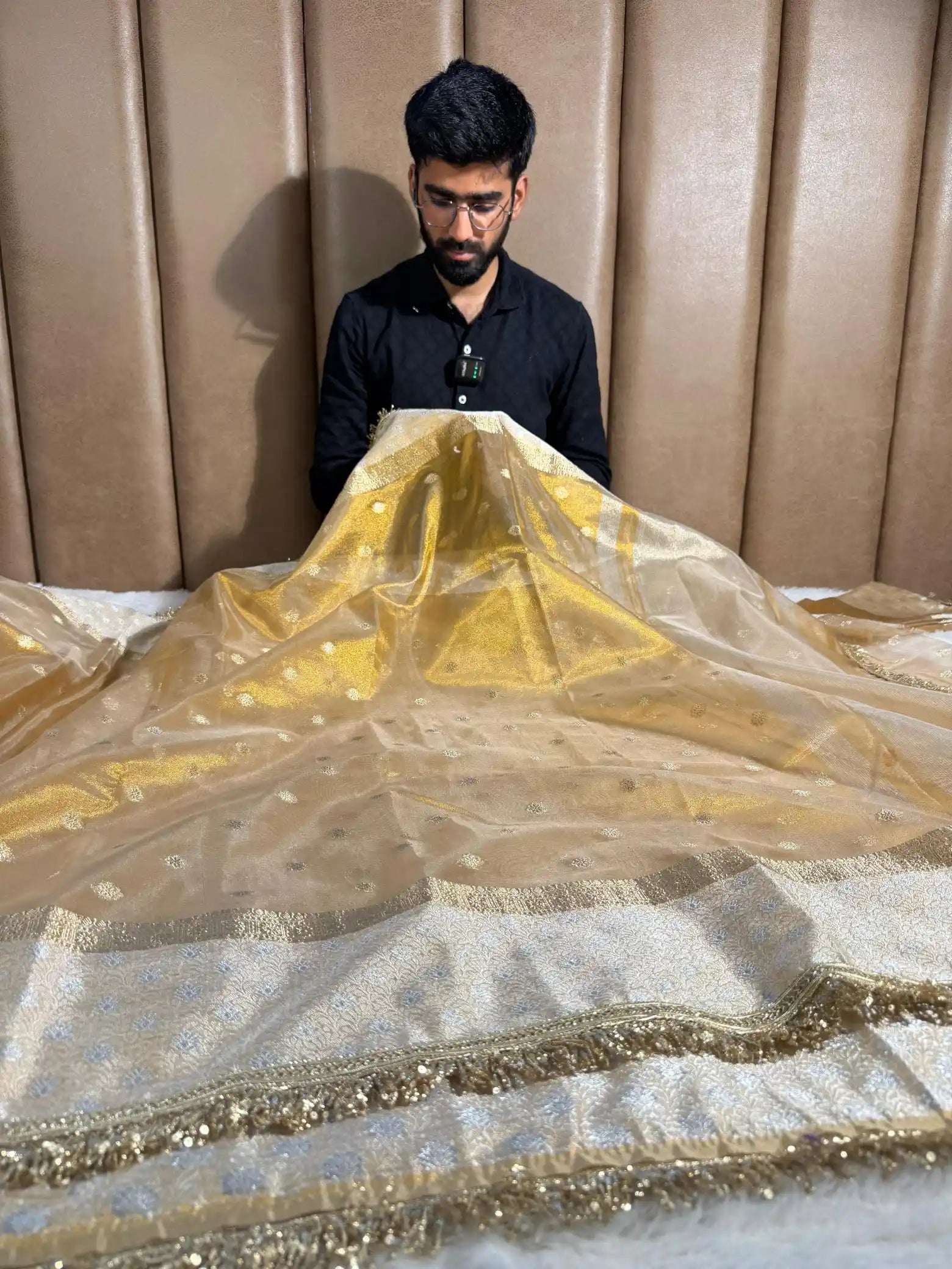Golden Copper Tissue Silk Lace Work Banarasi Saree