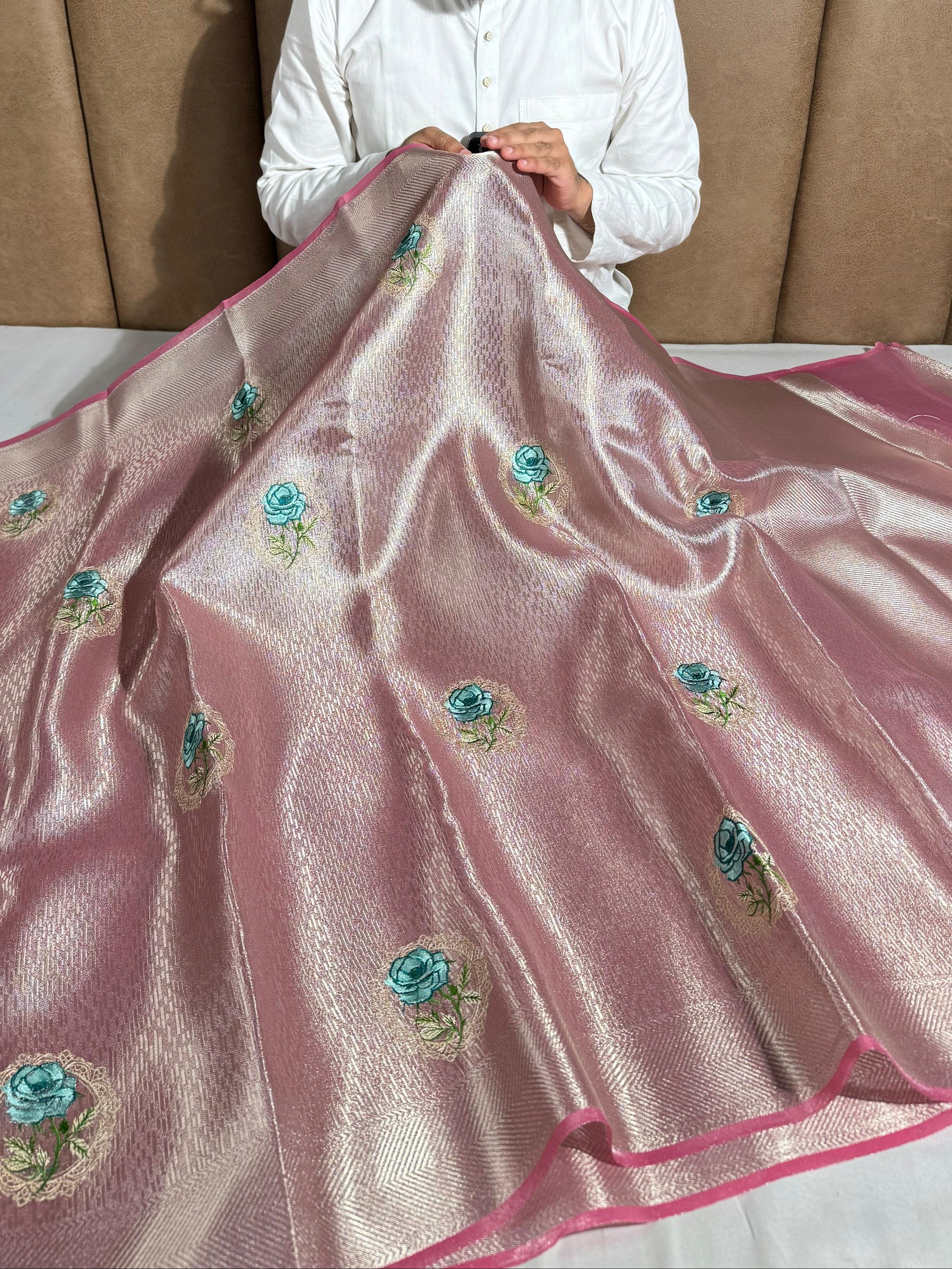 Never seen before Metallic Pink aplique work tissue silk saree with rich pallu