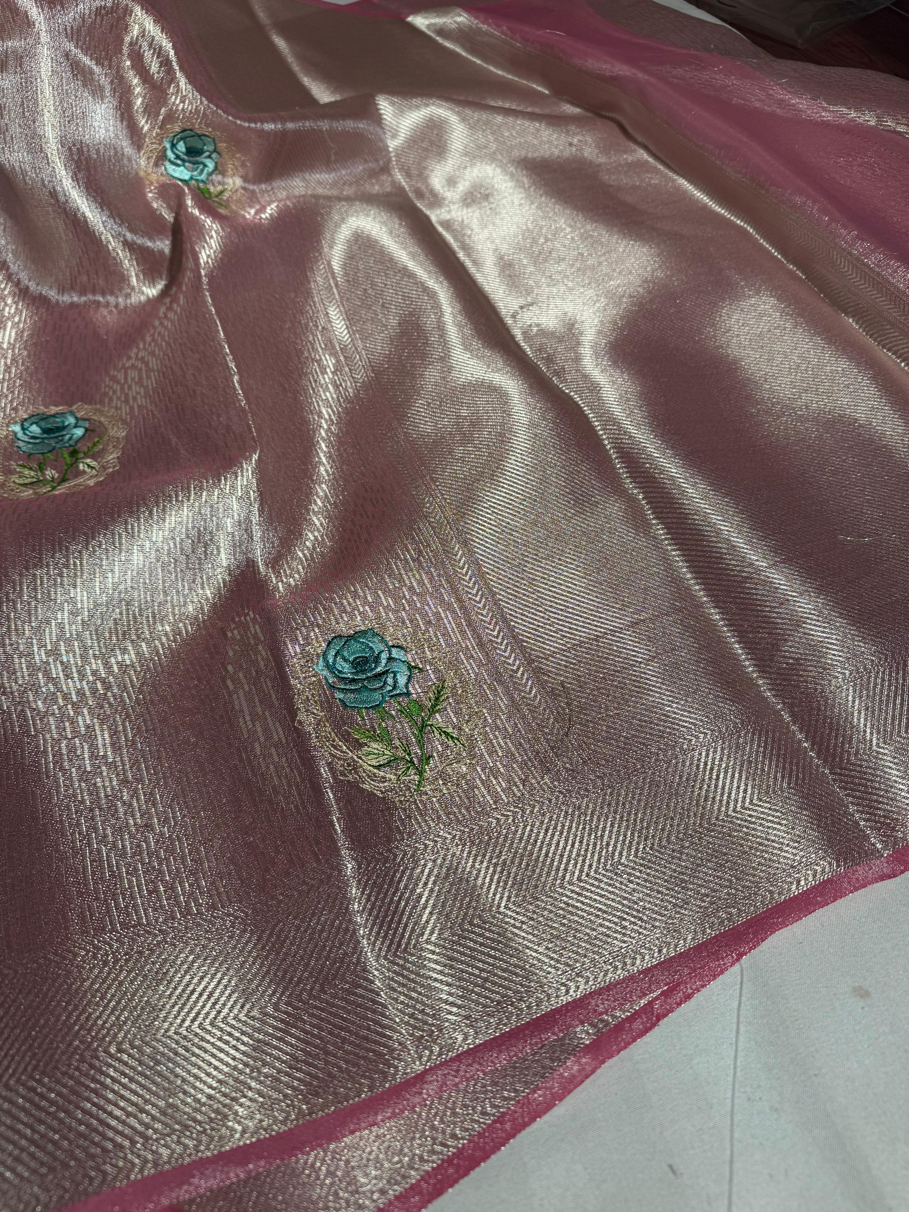 Never seen before Metallic Pink aplique work tissue silk saree with rich pallu