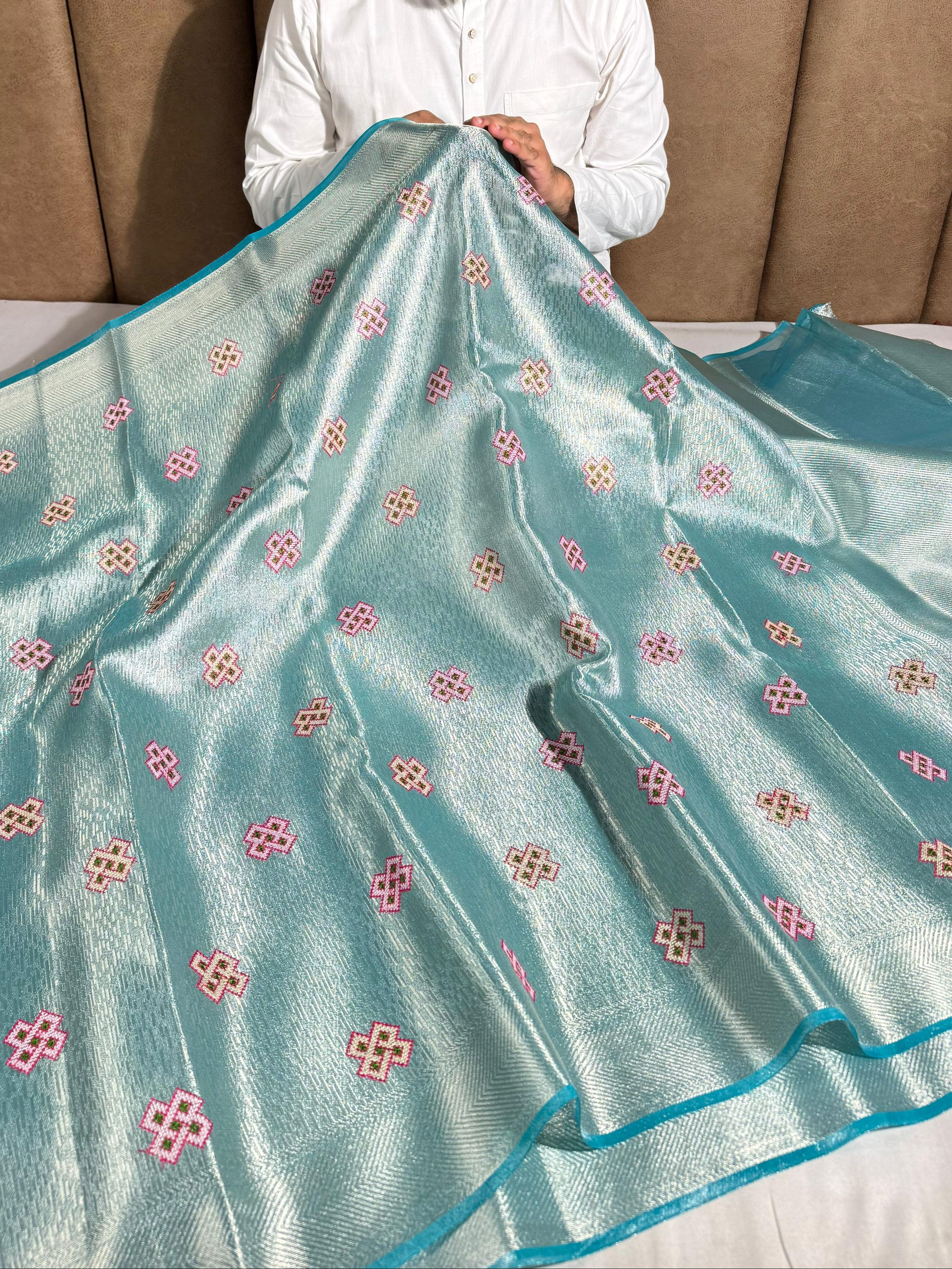 Never seen before Metallic Aqua Blue aplique work tissue silk saree with rich pallu