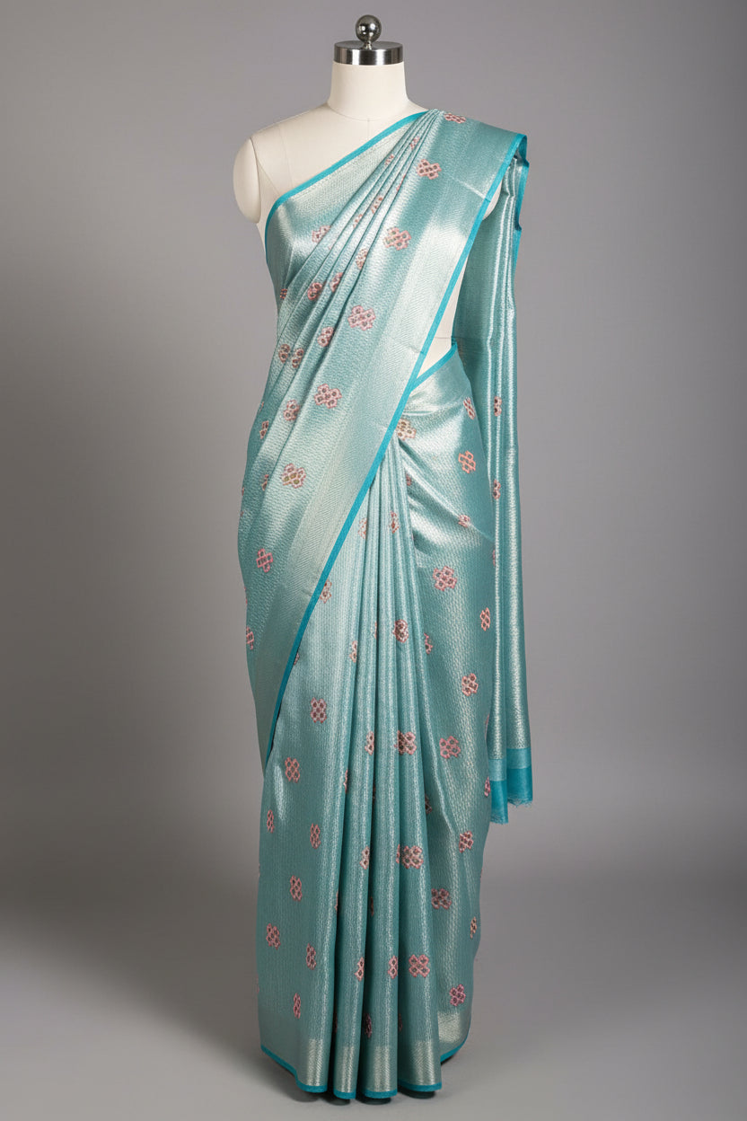 Never seen before Metallic Aqua Blue aplique work tissue silk saree with rich pallu