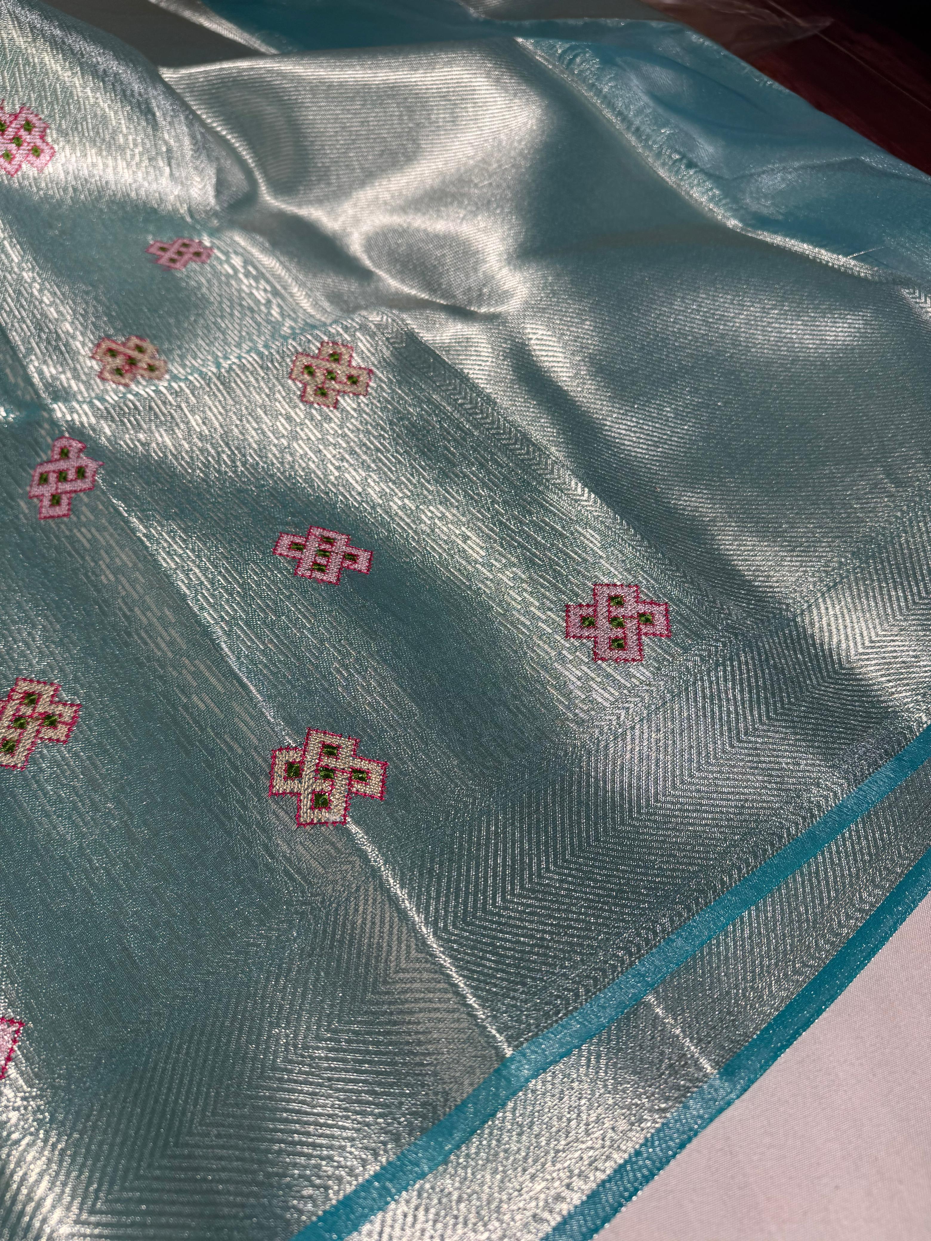 Never seen before Metallic Aqua Blue aplique work tissue silk saree with rich pallu