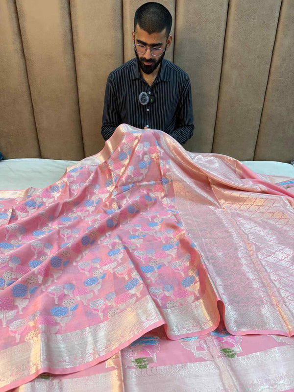 Nita Ambani Ma’am Inspired Peach Katan Silk Floral Embossed Meenakari Banarasi Saree