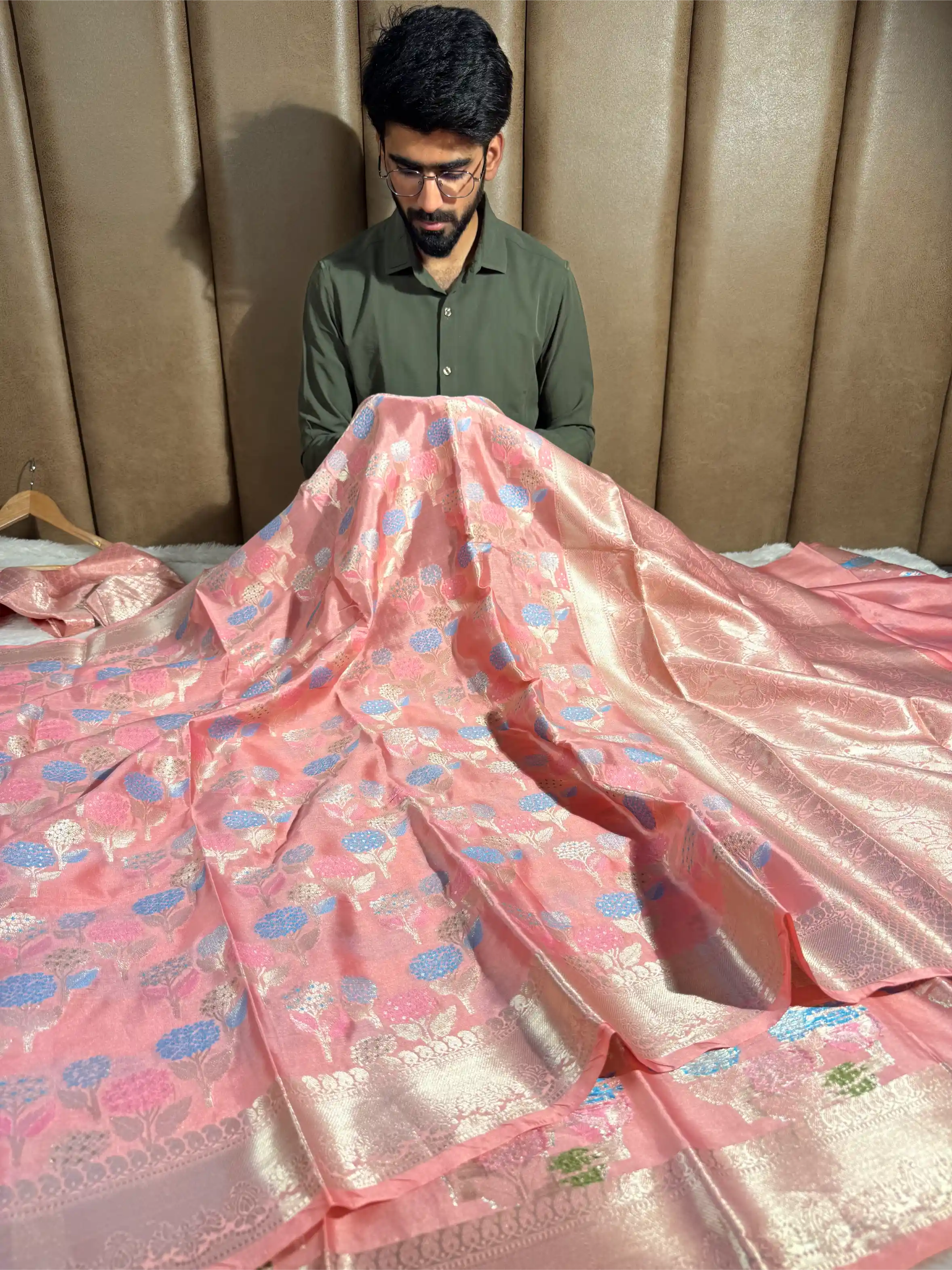 Nita Ambani Ma’am Inspired Peach Katan Silk Floral Embossed Meenakari Banarasi Saree