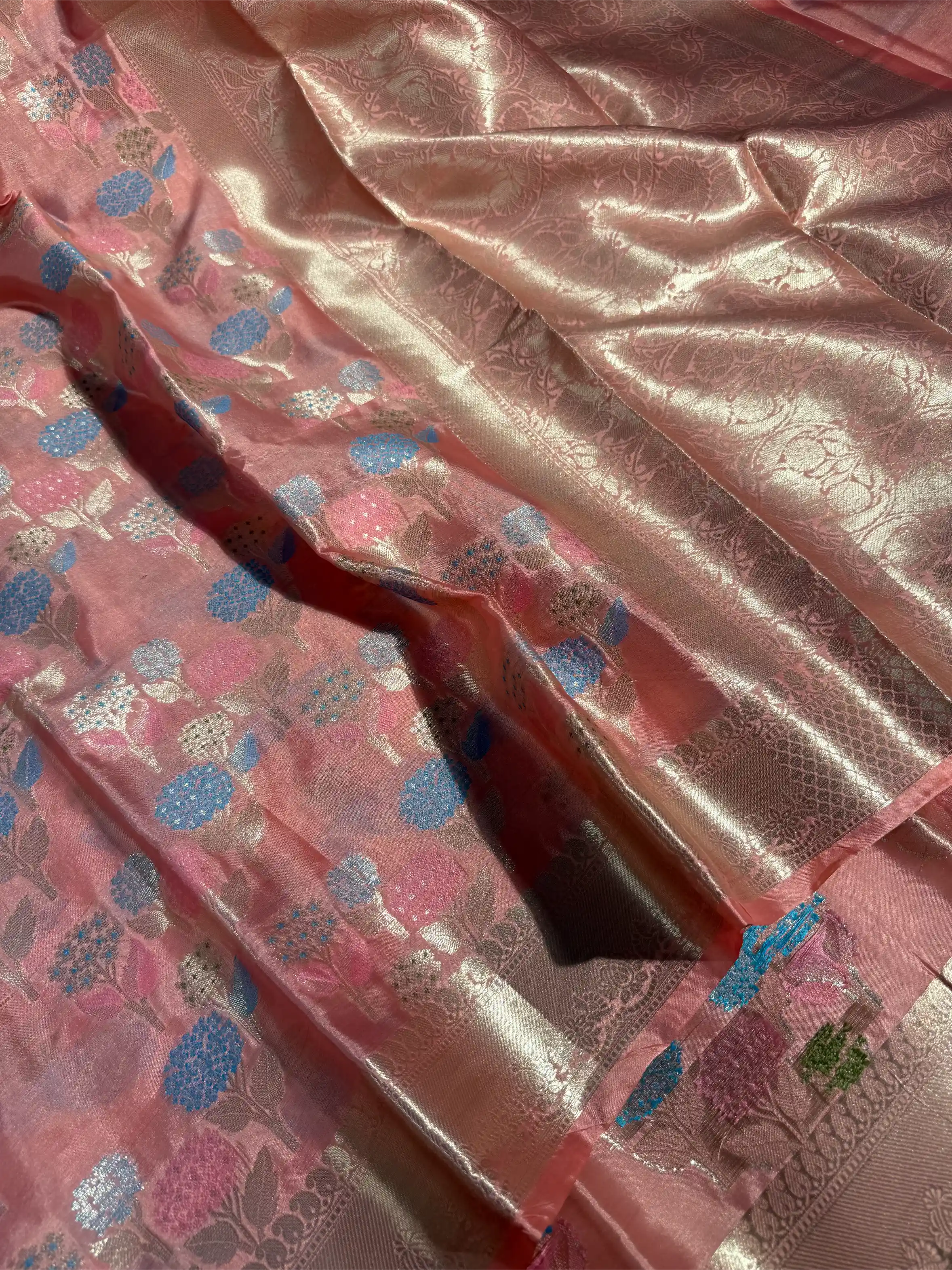 Nita Ambani Ma’am Inspired Peach Katan Silk Floral Embossed Meenakari Banarasi Saree