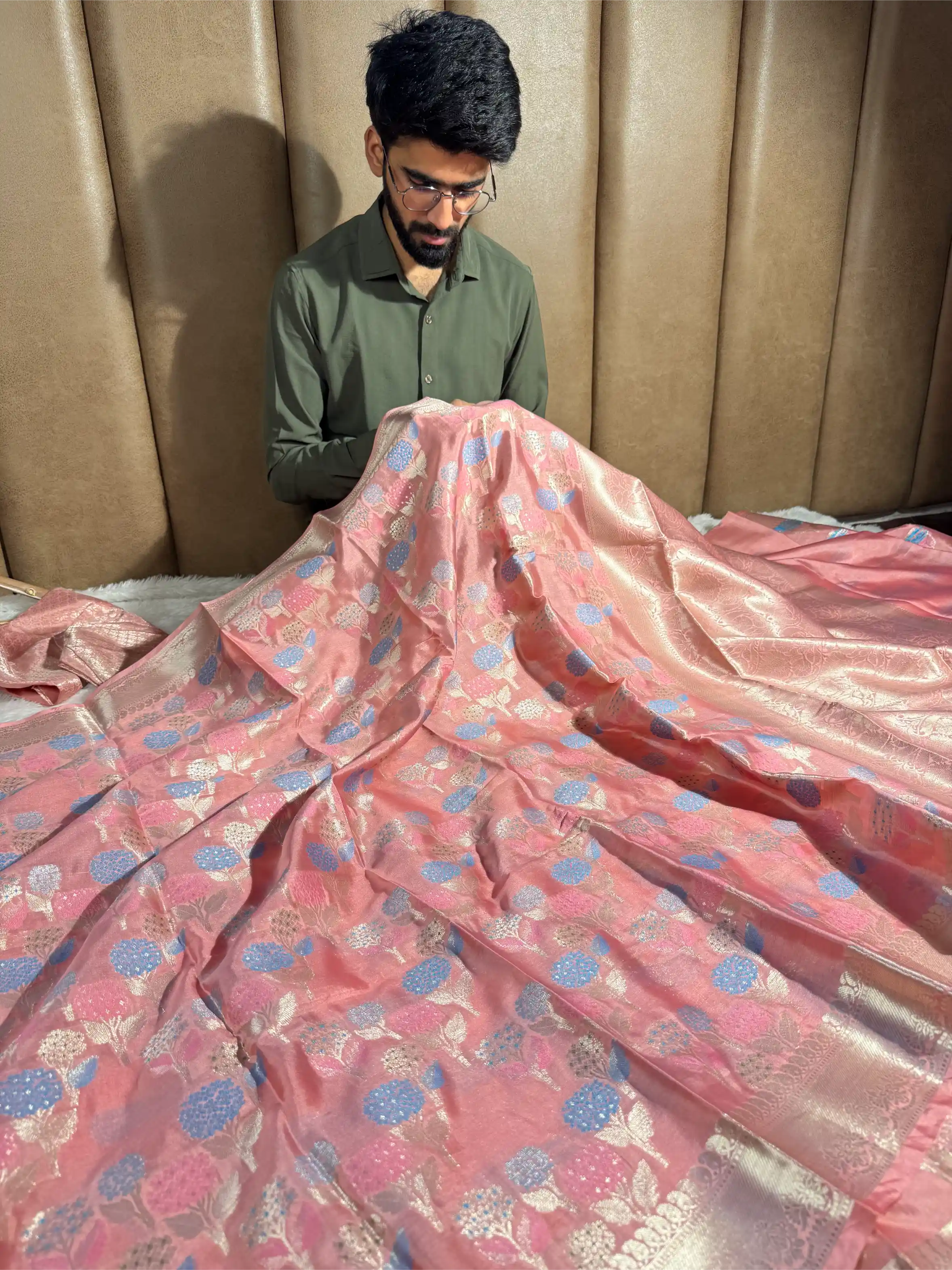 Nita Ambani Ma’am Inspired Peach Katan Silk Floral Embossed Meenakari Banarasi Saree