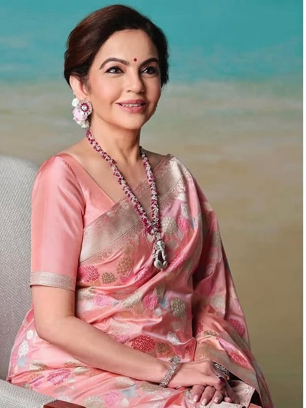 Nita Ambani Ma’am Inspired Peach Katan Silk Floral Embossed Meenakari Banarasi Saree