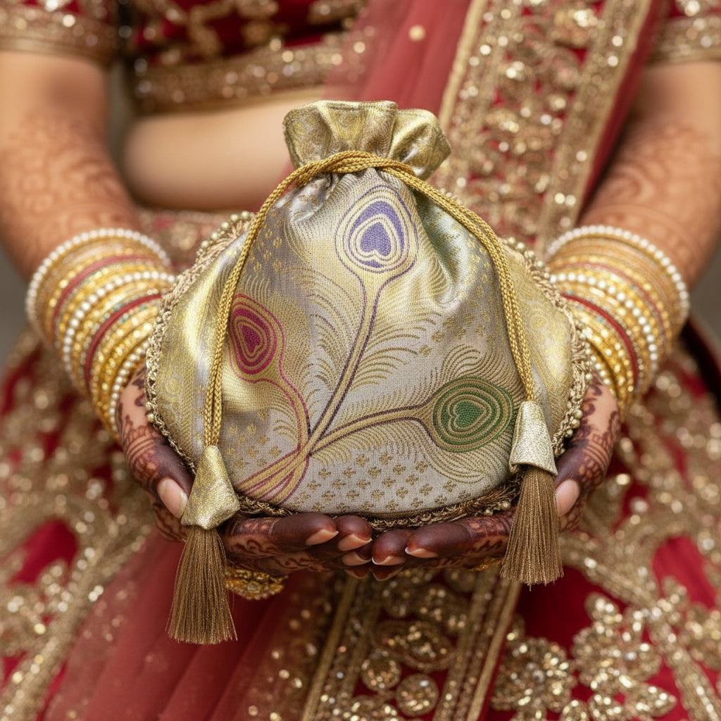 Off-White Beautiful Lace Work Banarasi Potli Bags