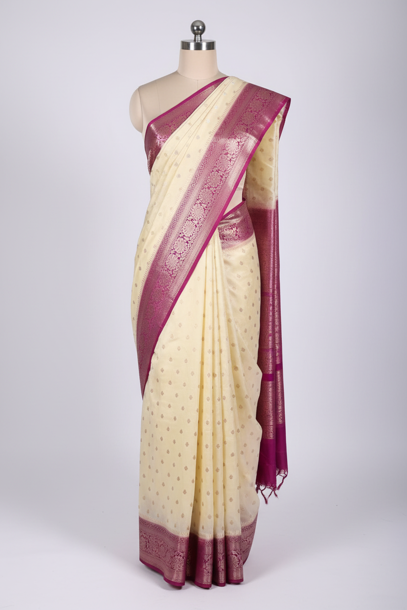 Off-White Chinia Silk Traditional Buti Banarasi Saree