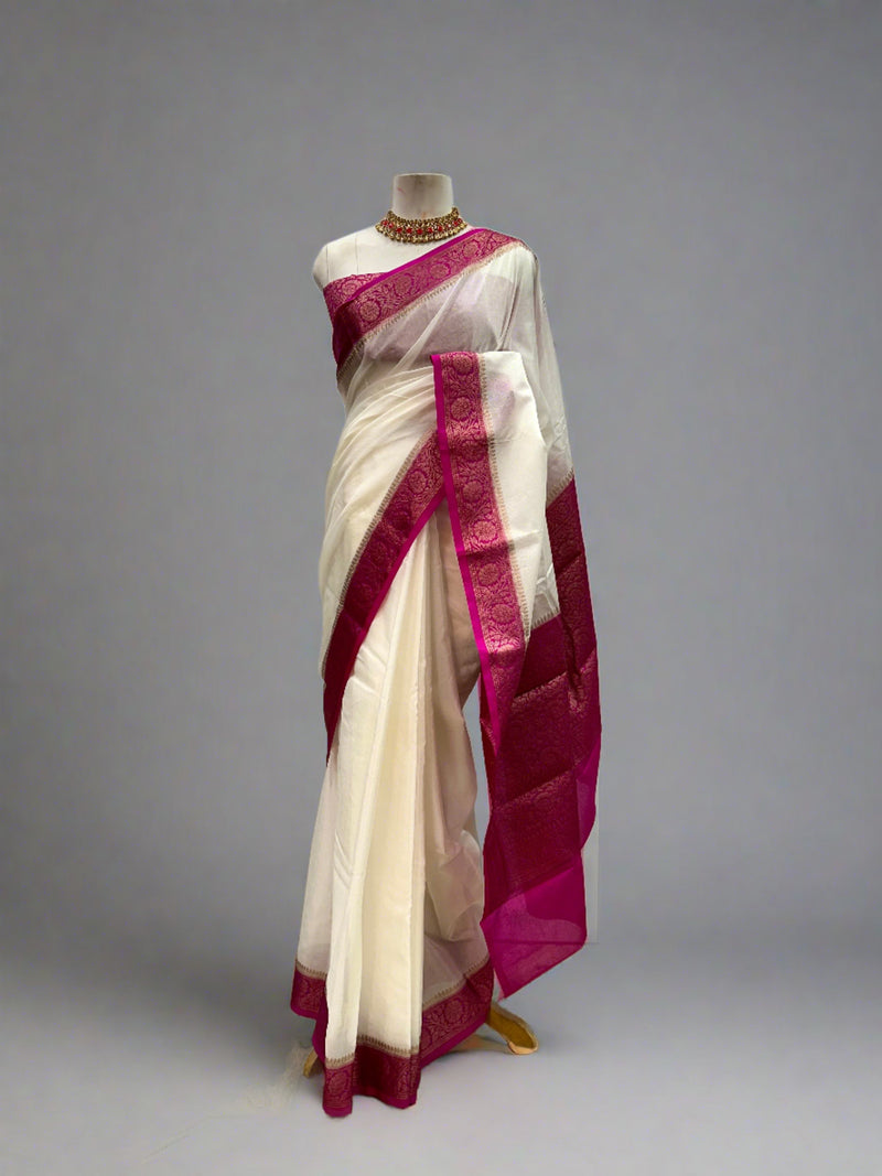 Off-White Mysore Crepe Silk Banarasi Saree