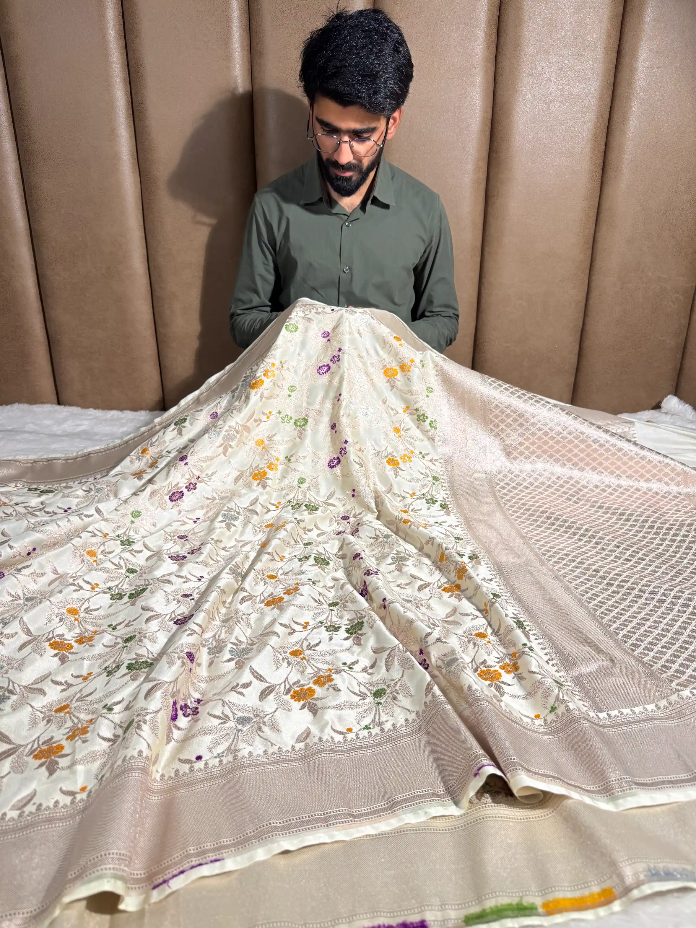 Off White Mashru Katan Silk Meenakari Intricate Weave Banarasi Saree