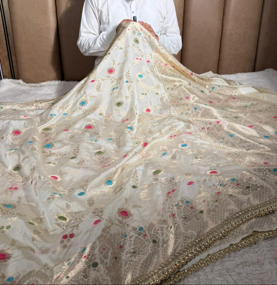 Off White Meenakari Dupion Silk Premium Designer Saree