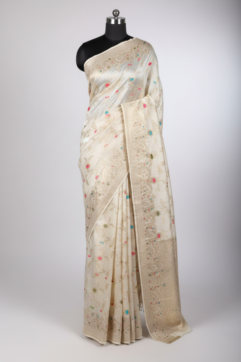Off White Meenakari Dupion Silk Premium Designer Saree