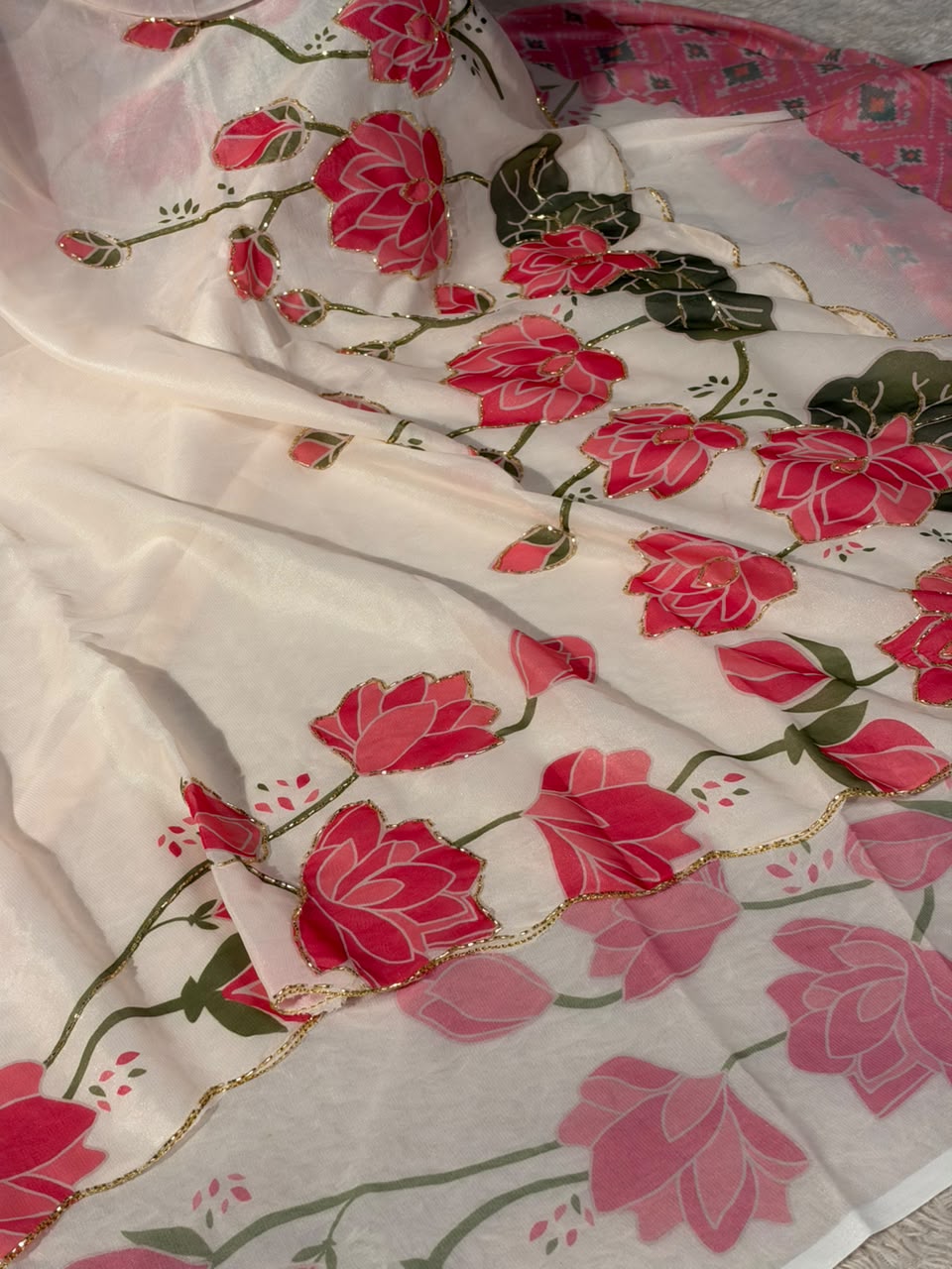 Off White Softsilk Floral Print Designer Saree