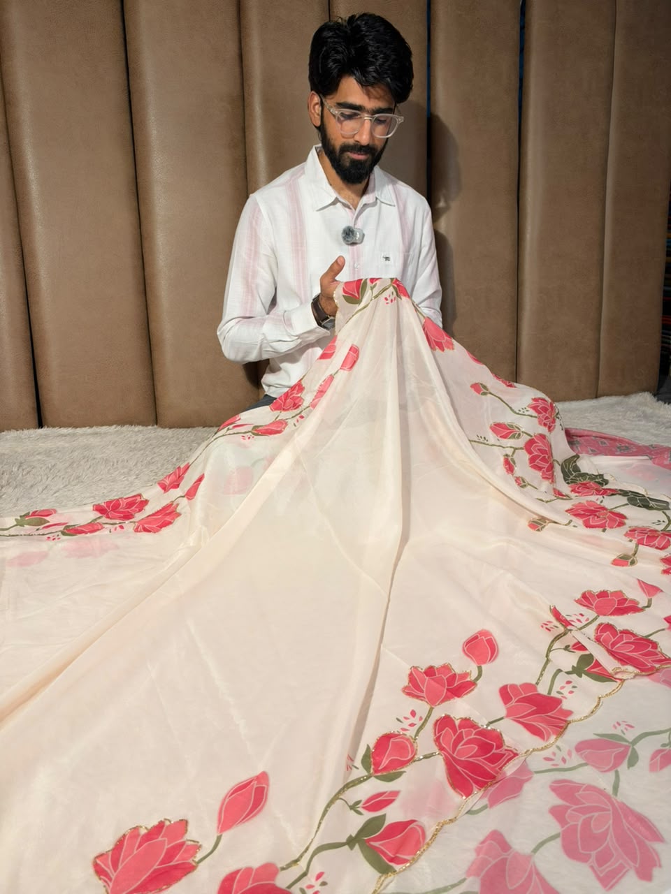 Off White Softsilk Floral Print Designer Saree
