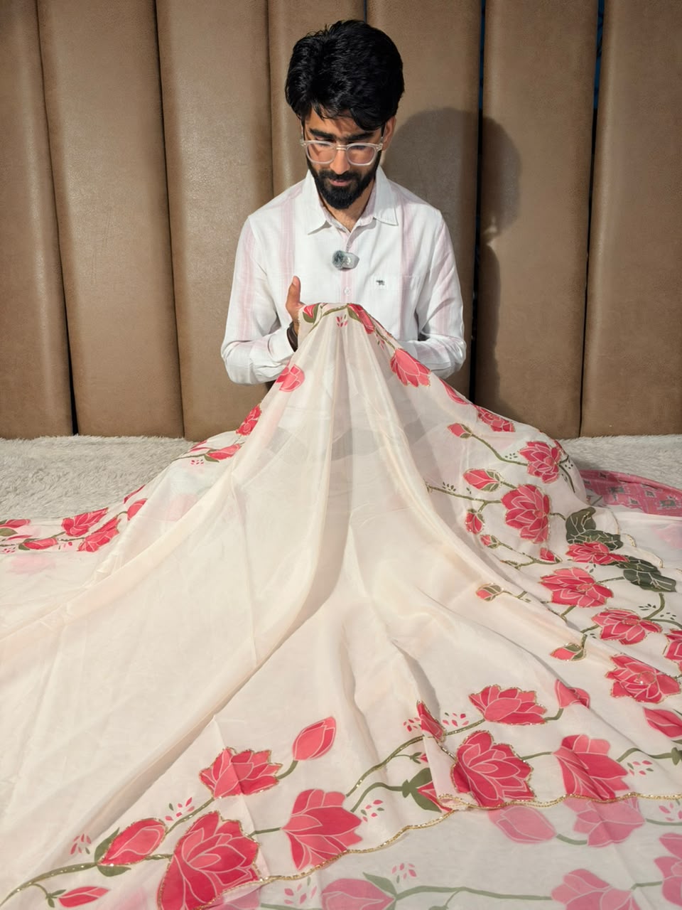 Off White Softsilk Floral Print Designer Saree