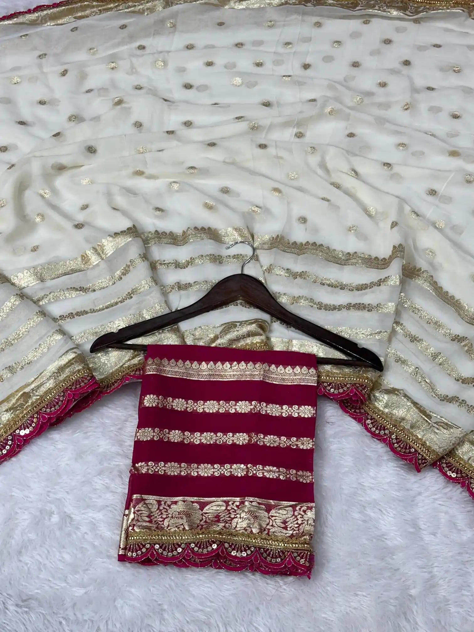 Off White Viscose Georgette Designer Lace Work Banarasi Saree