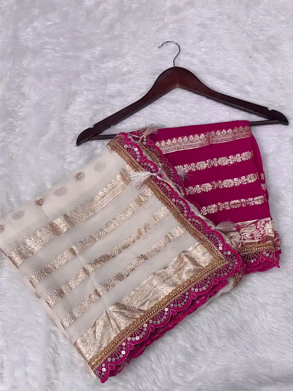 Off White Viscose Georgette Designer Lace Work Banarasi Saree