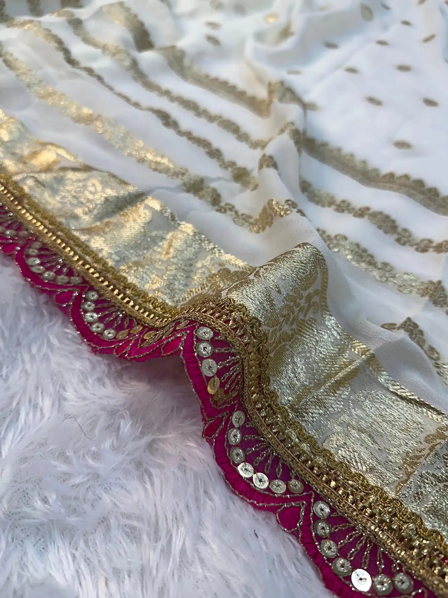 Off White Viscose Georgette Designer Lace Work Banarasi Saree