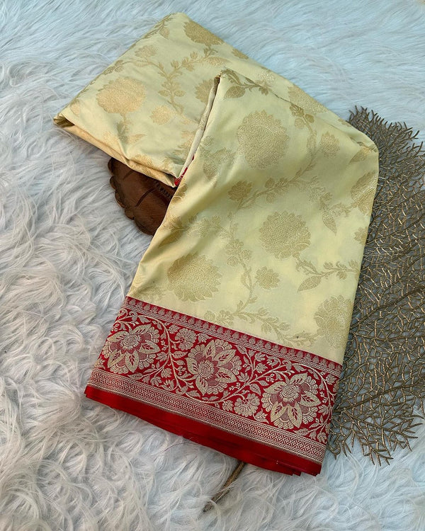 Off White Katan Silk Handloom Weave Banarasi Saree